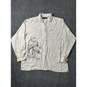 Mens Fubu Dragon Graphic‎ Silk Button Up Shirt Cream, Size L